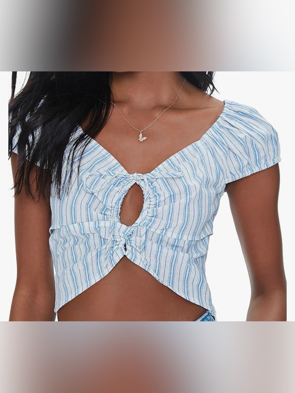 Forever 21 womens Striped Linen-blend Cutout Crop Top Striped Linen-blend